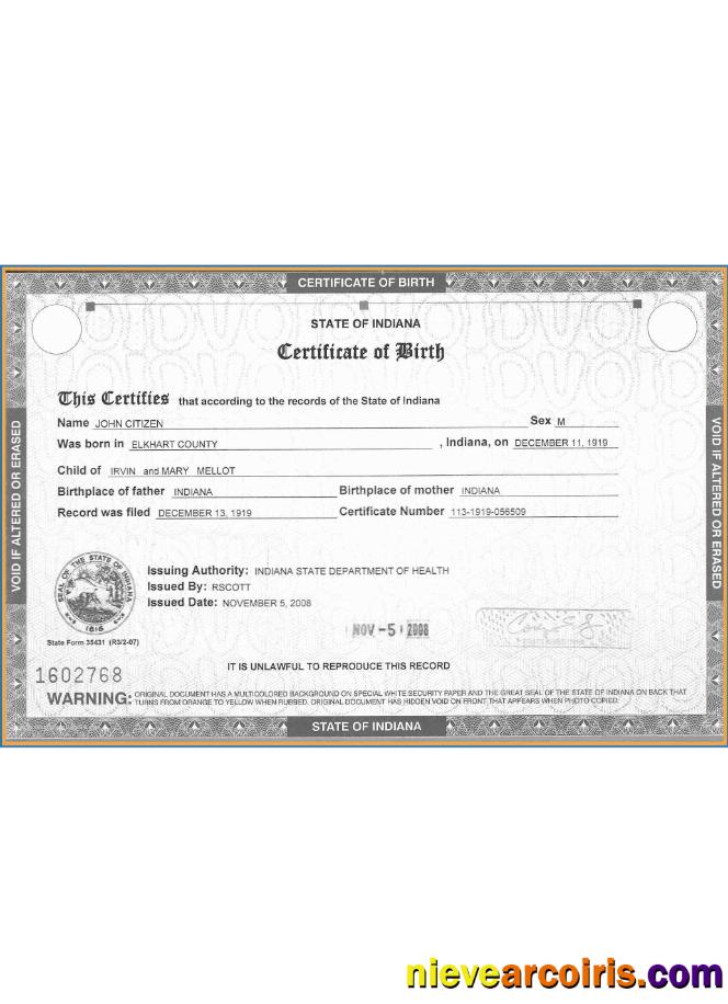 USA Indiana certificate of birth